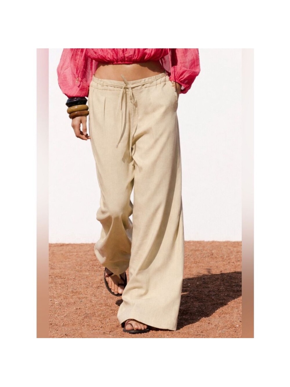 ZARA Women’s Linen Wide-Leg Drawstring Pants - Sand color